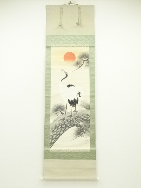 JAPANESE HANGING SCROLL / HAND PAINTED / PINE WITH CRANES